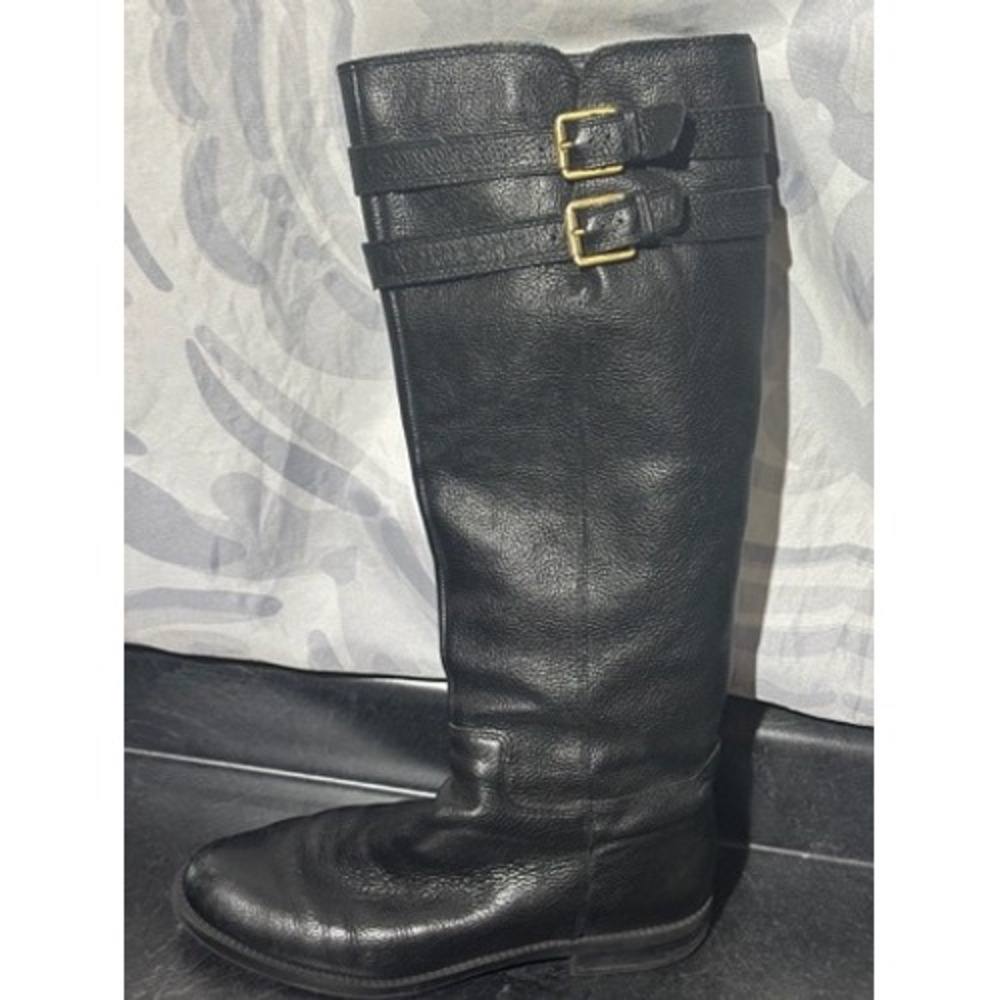 Franco Sarto Christoff Black Leather Boots To The Knee Gold Buckle Women Size 8M